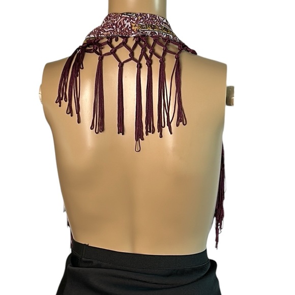 fringe scarf,attached to burgundy top, detachable,boho,macrame,western,office - Picture 7 of 14